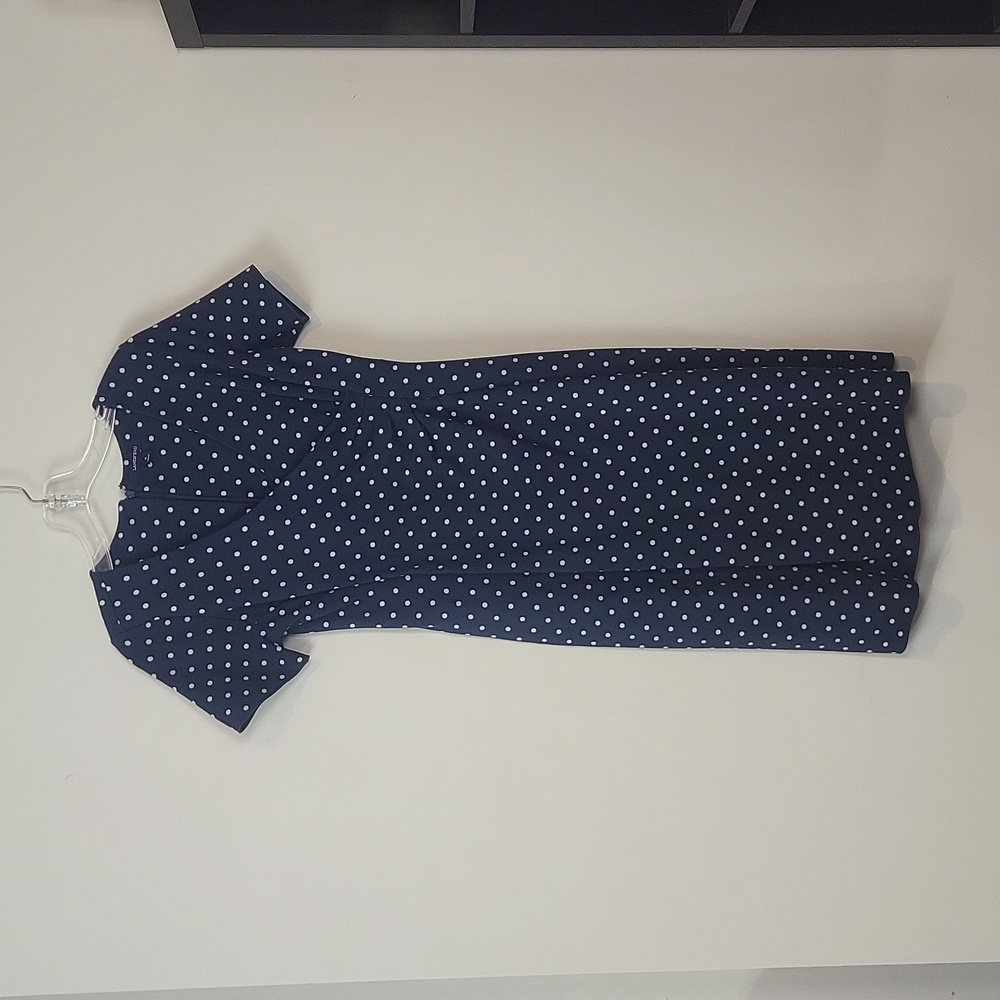 LANDS' END Navy Blue White Polka-dot Top Faux Wrap Side Ruched Knit Dress
